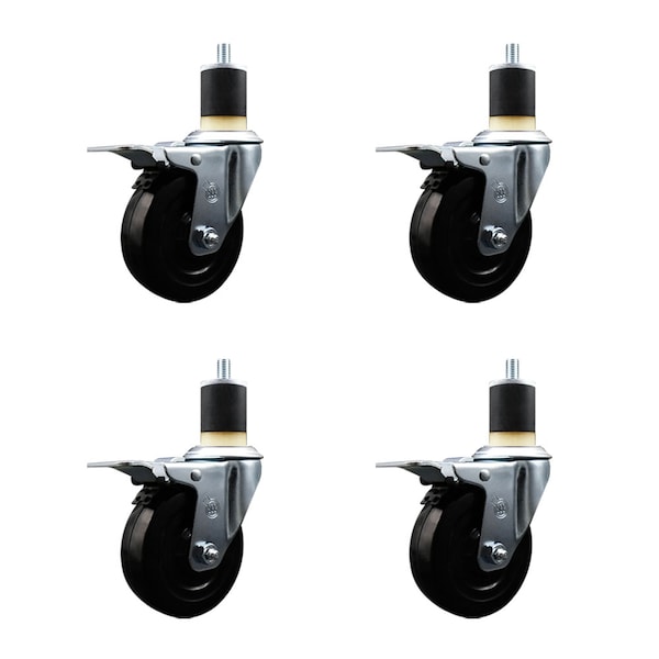 4'' Hard Rubber Swivel 1-7/8'' Expanding Stem Caster Set Total Lock Brake, 4PK